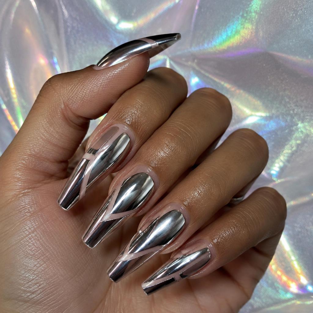 7 Cyber Chrome Coffin Nails With Negative Space